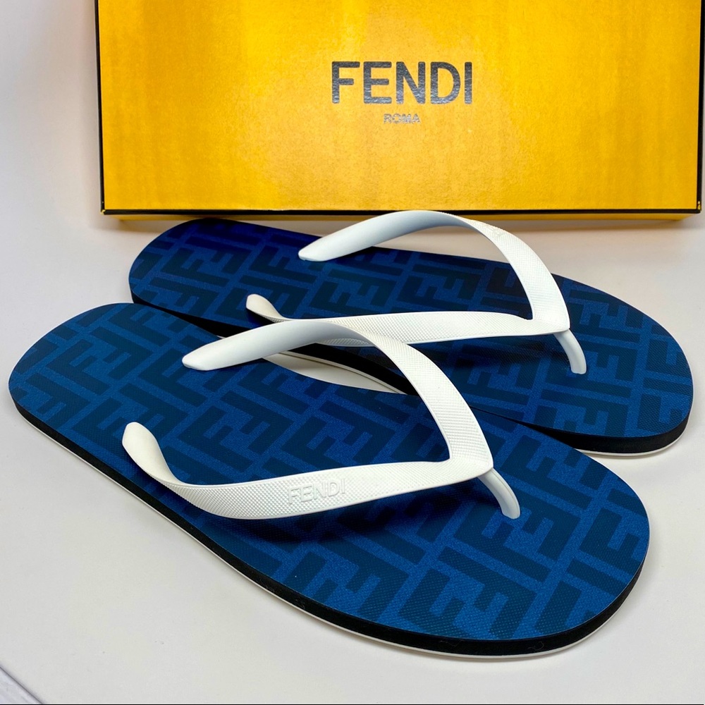 FENDI FF Zucca Logo Navy Blue White Beach Swim Pool Street Flip-flop Sandals NWT